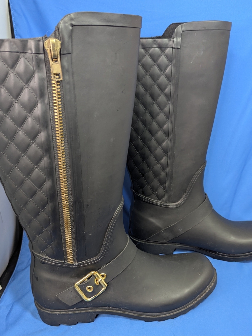 Women's Black Quilted Tall Riding Boots with Faux Side Zip